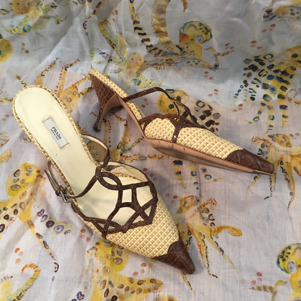 Prada Cream and Brown Woven Pointed-Toe Slingback Heels RAFFIA VINTAGE